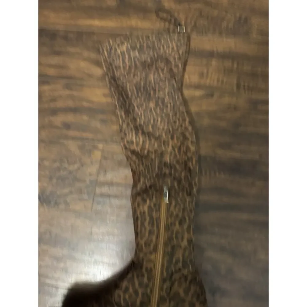 JF JustFab Boots Womens Reena Over the Knee Riding Leopard Brown Fabric Zip Sz:8